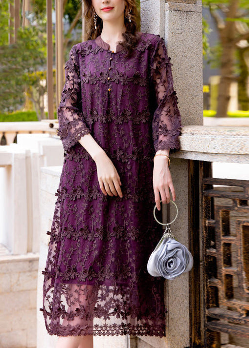 Women Dark Purple Embroideried Hollow Out Organza Long Dress Spring LY0998 - fabuloryshop