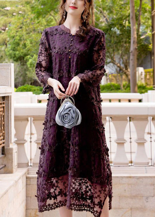 Women Dark Purple Embroideried Hollow Out Organza Long Dress Spring LY0998 - fabuloryshop