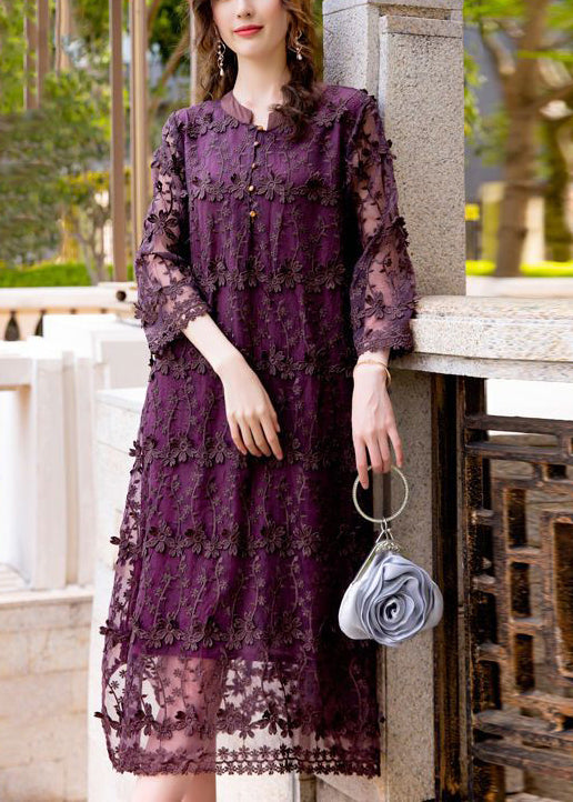 Women Dark Purple Embroideried Hollow Out Organza Long Dress Spring LY0998 - fabuloryshop