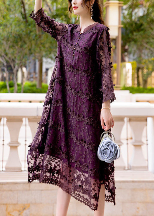 Women Dark Purple Embroideried Hollow Out Organza Long Dress Spring LY0998 - fabuloryshop