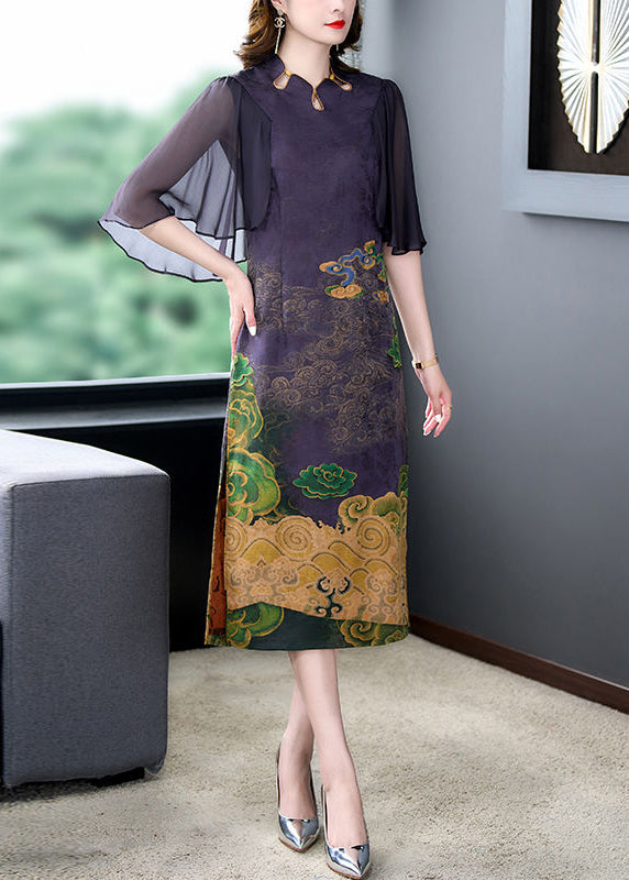 Women Dark Purple Print Side Open Slim Fit Silk Dress Cloak Sleeves LY3721 - fabuloryshop