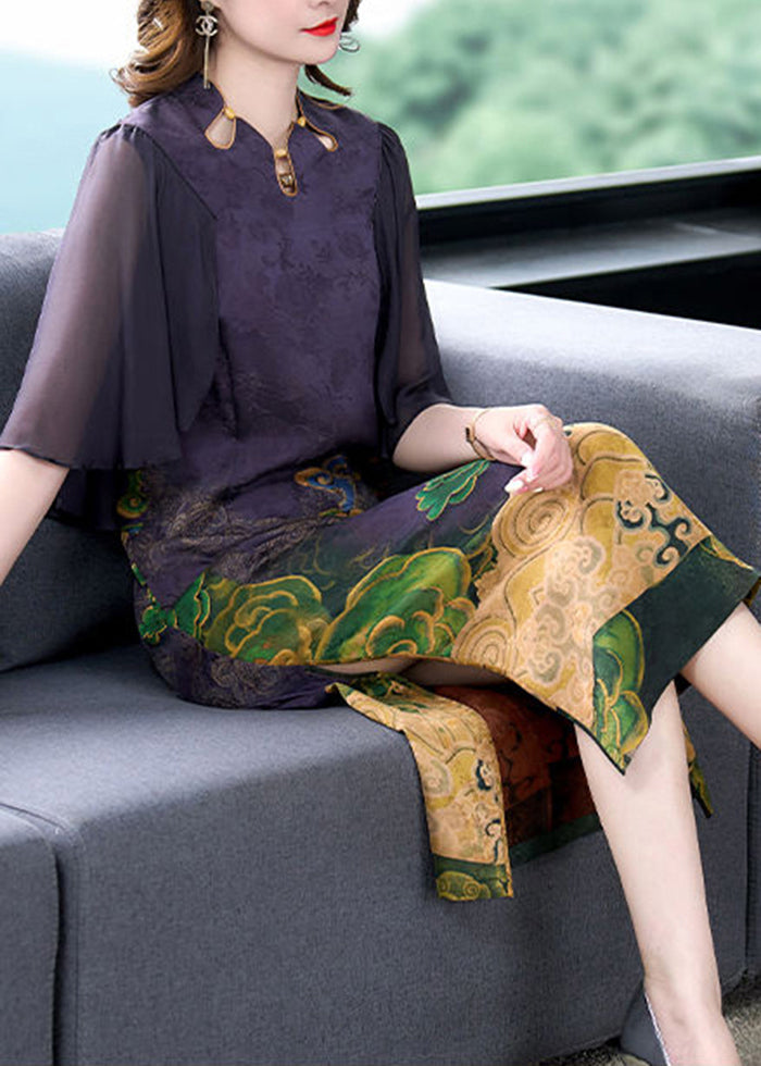 Women Dark Purple Print Side Open Slim Fit Silk Dress Cloak Sleeves LY3721 - fabuloryshop