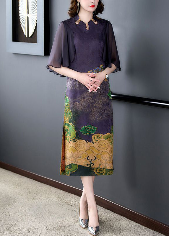 Women Dark Purple Print Side Open Slim Fit Silk Dress Cloak Sleeves LY3721 - fabuloryshop