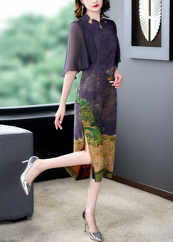 Women Dark Purple Print Side Open Slim Fit Silk Dress Cloak Sleeves LY3721 - fabuloryshop