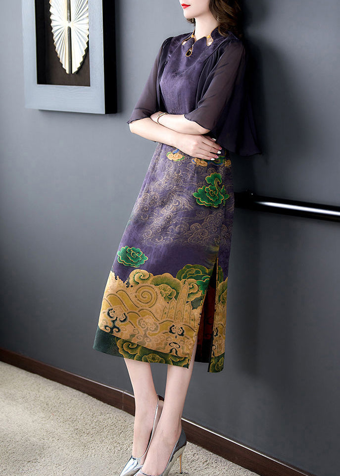 Women Dark Purple Print Side Open Slim Fit Silk Dress Cloak Sleeves LY3721 - fabuloryshop