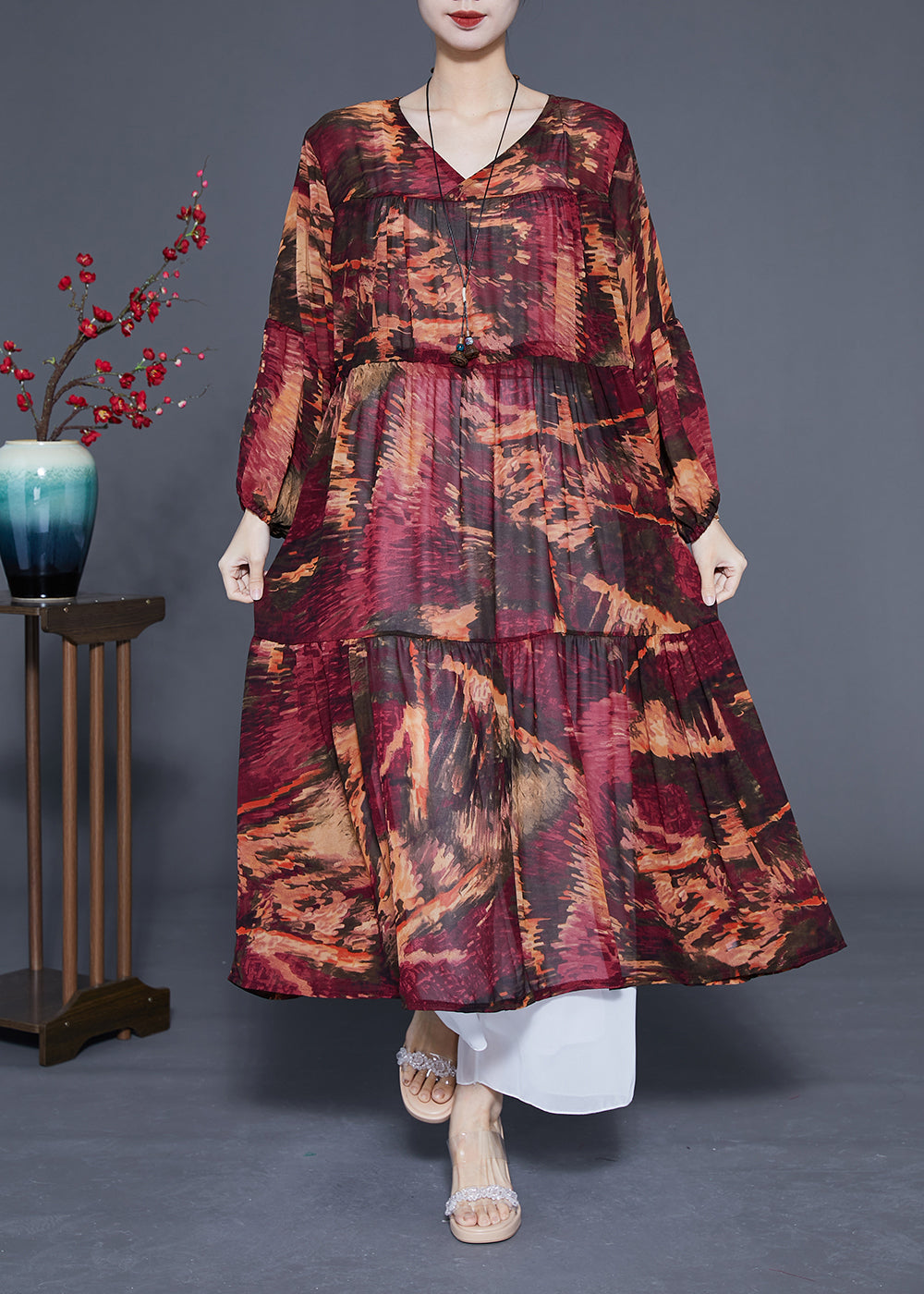 Women Dark Red V Neck Patchwork Exra Large Hem Chiffon Cinched Dresses Spring LY1080 - fabuloryshop