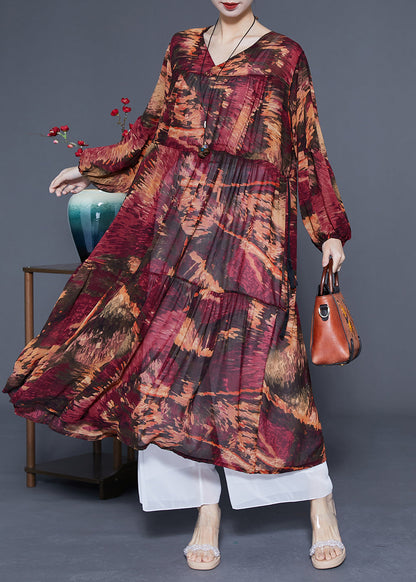 Women Dark Red V Neck Patchwork Exra Large Hem Chiffon Cinched Dresses Spring LY1080 - fabuloryshop