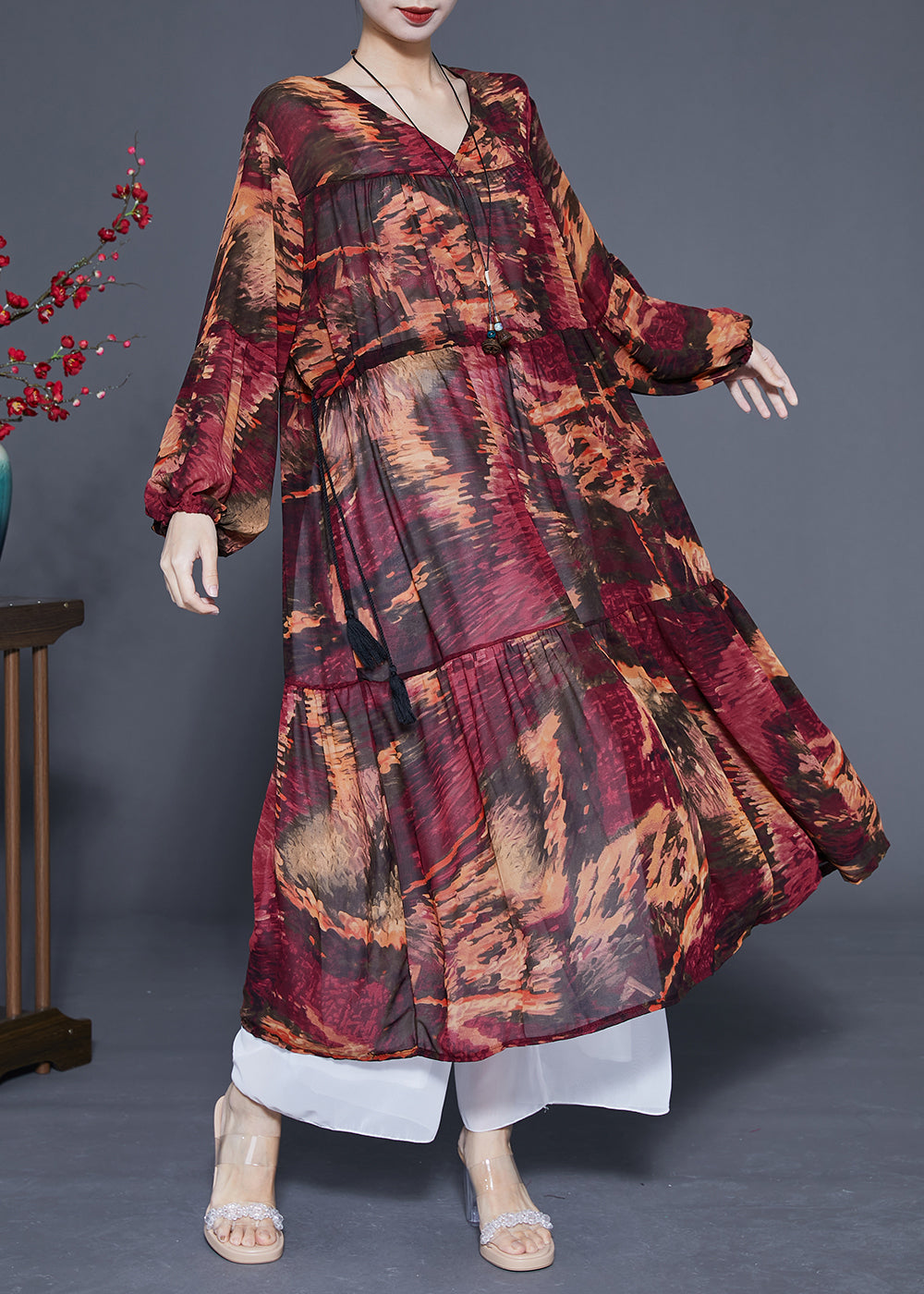 Women Dark Red V Neck Patchwork Exra Large Hem Chiffon Cinched Dresses Spring LY1080 - fabuloryshop