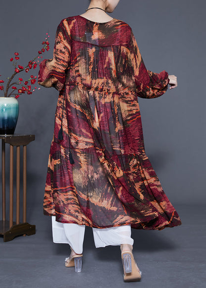 Women Dark Red V Neck Patchwork Exra Large Hem Chiffon Cinched Dresses Spring LC0424 - fabuloryshop