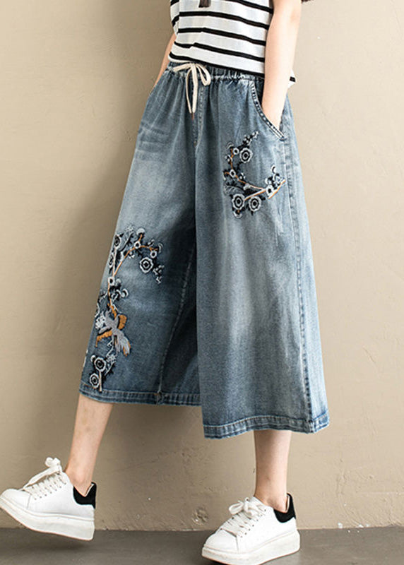 Women Denim Blue Embroideried Tie Waist Wide Leg Pants Summer LY5207 - fabuloryshop