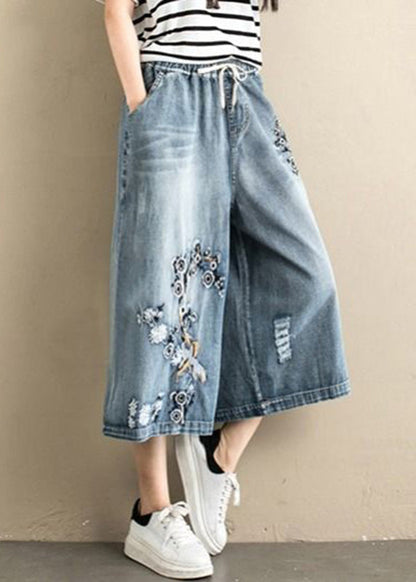 Women Denim Blue Embroideried Tie Waist Wide Leg Pants Summer LY5207 - fabuloryshop