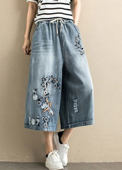 Women Denim Blue Embroideried Tie Waist Wide Leg Pants Summer LY5207 - fabuloryshop