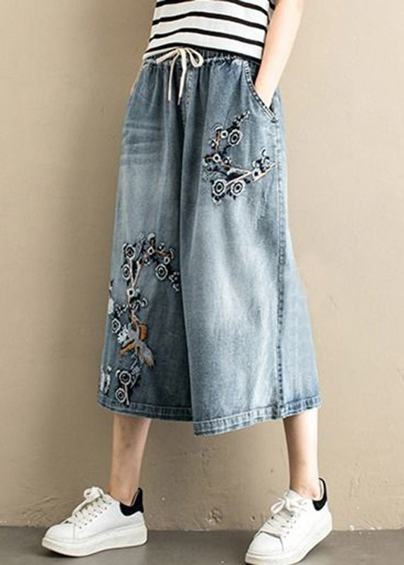 Women Denim Blue Embroideried Tie Waist Wide Leg Pants Summer LY5207 - fabuloryshop