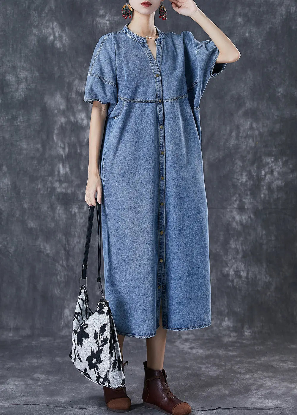 Women Denim Blue Oversized Patchwork Cotton Long Dress Fall Ada Fashion