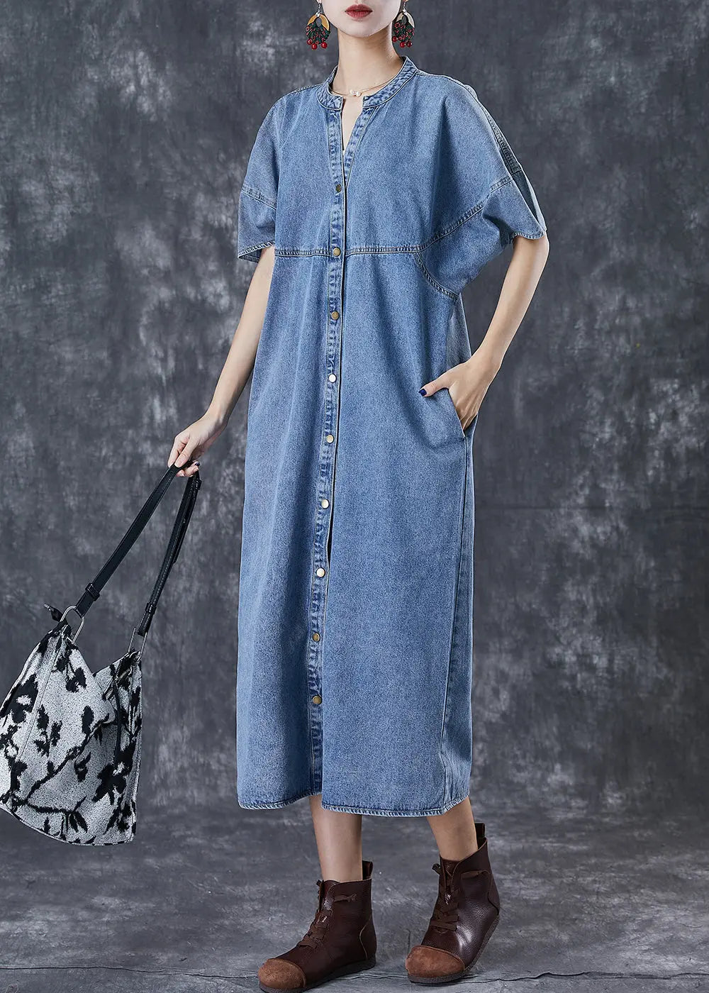 Women Denim Blue Oversized Patchwork Cotton Long Dress Fall Ada Fashion