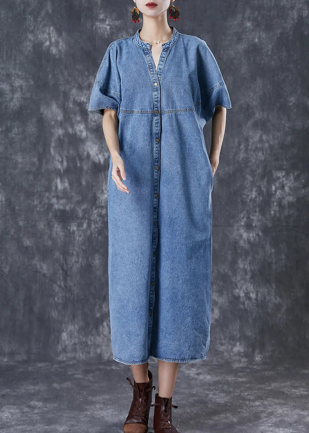Women Denim Blue Oversized Patchwork Cotton Long Dress Fall Ada Fashion