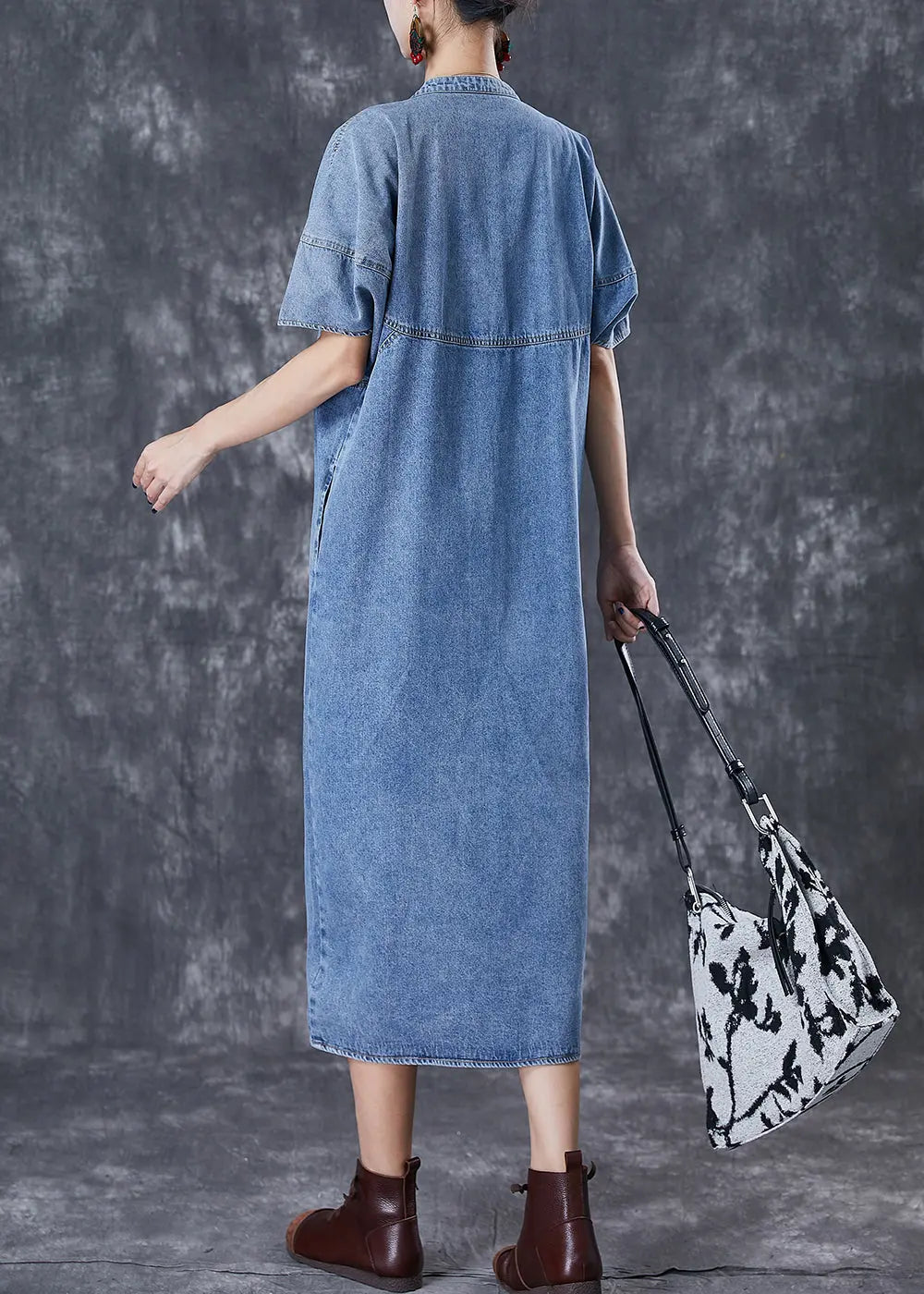 Women Denim Blue Oversized Patchwork Cotton Long Dress Fall Ada Fashion