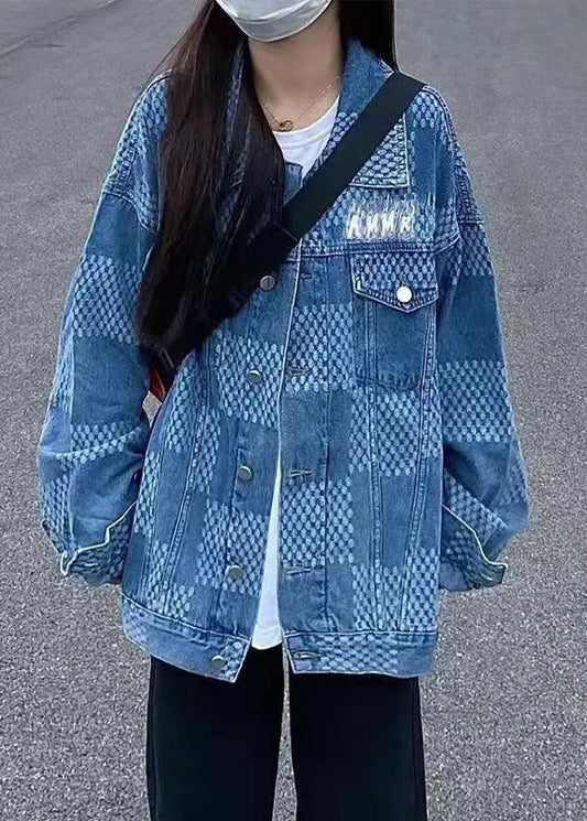 Women Denim Blue Peter Pan Collar Pockets Plaid Print Coat Long Sleeve Ada Fashion