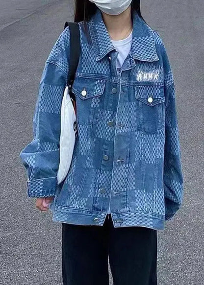 Women Denim Blue Peter Pan Collar Pockets Plaid Print Coat Long Sleeve Ada Fashion