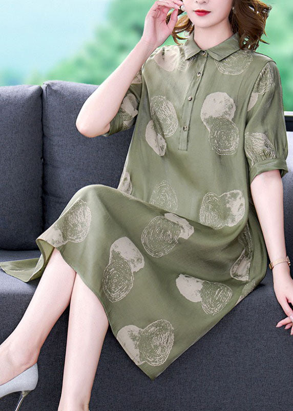 Women Dousha Green Peter Pan Collar Print Patchwork Silk Dresses Summer LY5954 Ada Fashion