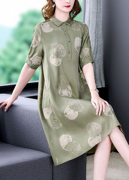 Women Dousha Green Peter Pan Collar Print Patchwork Silk Dresses Summer LY5954 Ada Fashion