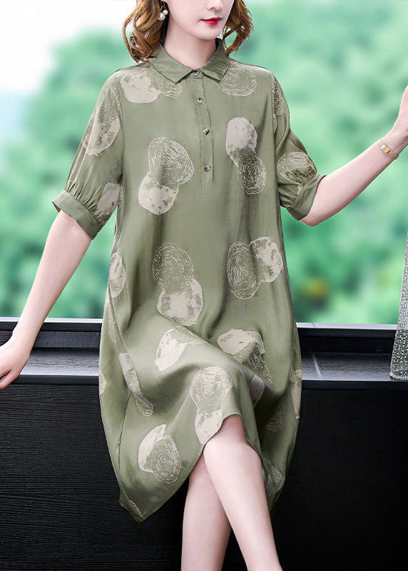 Women Dousha Green Peter Pan Collar Print Patchwork Silk Dresses Summer LY5954 Ada Fashion