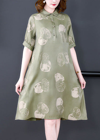 Women Dousha Green Peter Pan Collar Print Patchwork Silk Dresses Summer LY5954 Ada Fashion