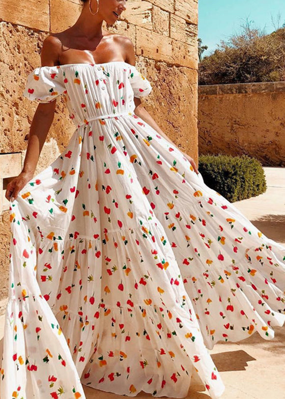 Women Elastic Square Collar Floral Print Holiday Casual Floor Maxi Dress With Belt White LC0027 - fabuloryshop