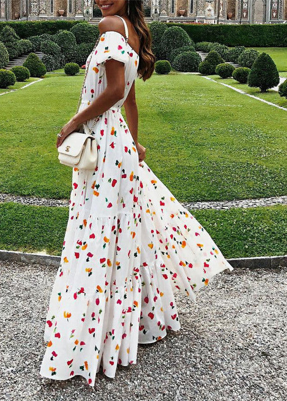 Women Elastic Square Collar Floral Print Holiday Casual Floor Maxi Dress With Belt White LC0027