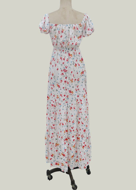 Women Elastic Square Collar Floral Print Holiday Casual Floor Maxi Dress With Belt White LC0027