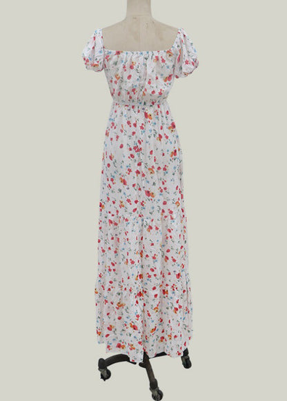 Women Elastic Square Collar Floral Print Holiday Casual Floor Maxi Dress With Belt White LC0027 - fabuloryshop