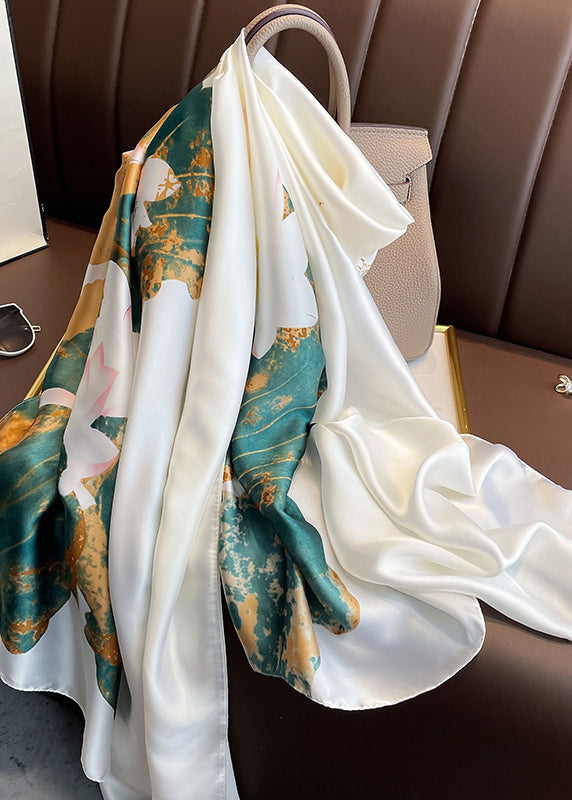 Women Elegant White Lotus Print Versatile Silk Scarf Ada Fashion