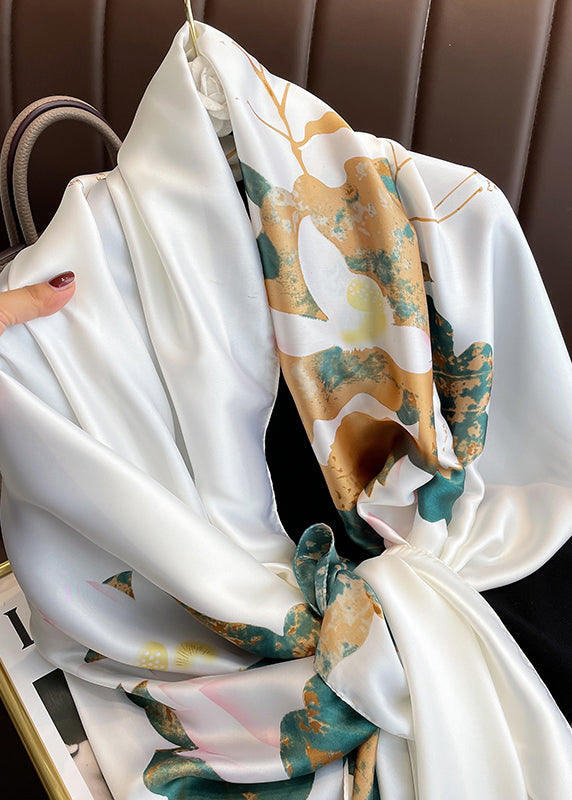 Women Elegant White Lotus Print Versatile Silk Scarf Ada Fashion