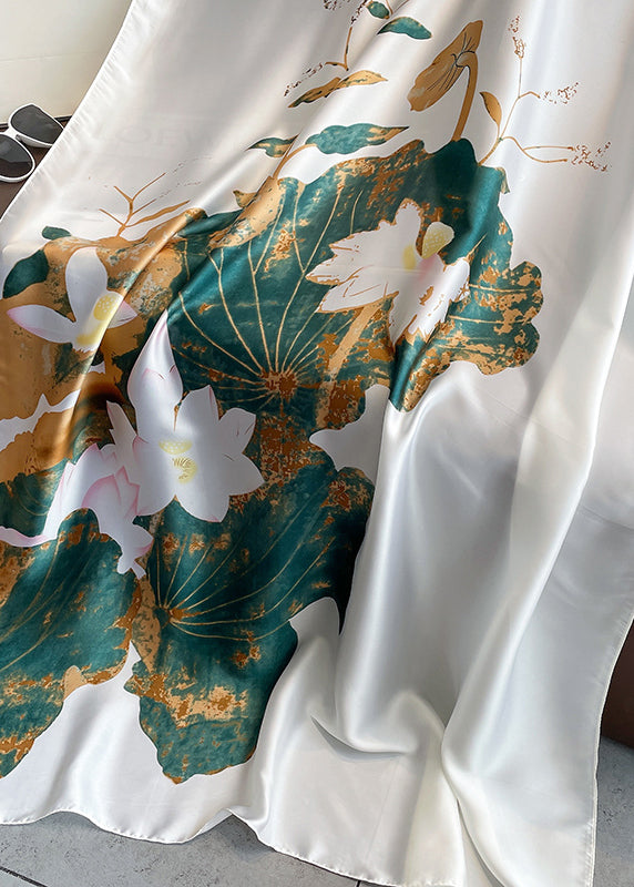 Women Elegant White Lotus Print Versatile Silk Scarf Ada Fashion