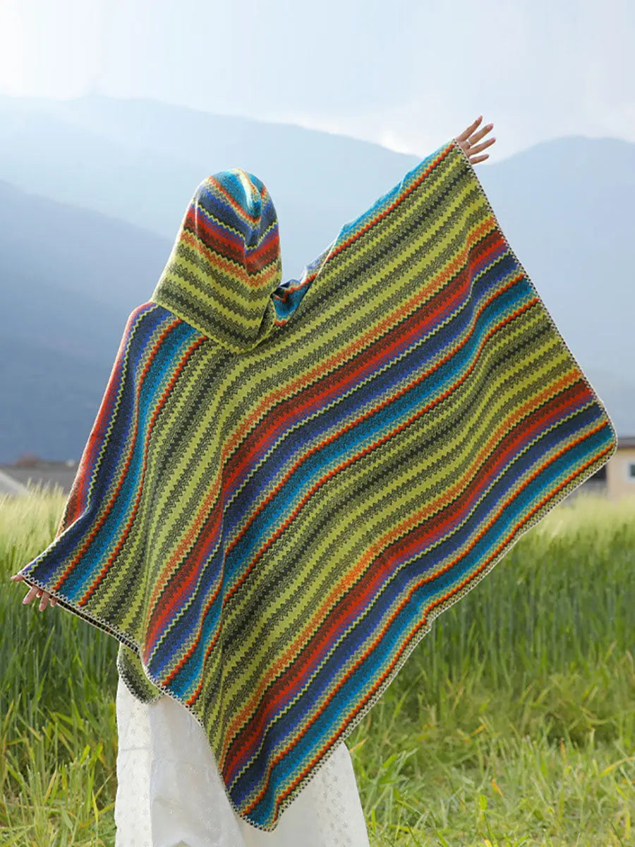 Women Ethnic Colorful Stripe Hooded Shawl Ada Fashion