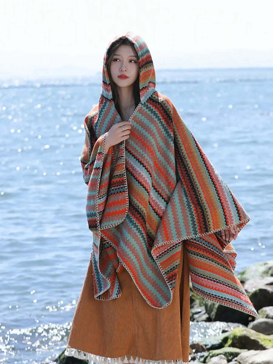 Women Ethnic Colorful Stripe Hooded Shawl Ada Fashion