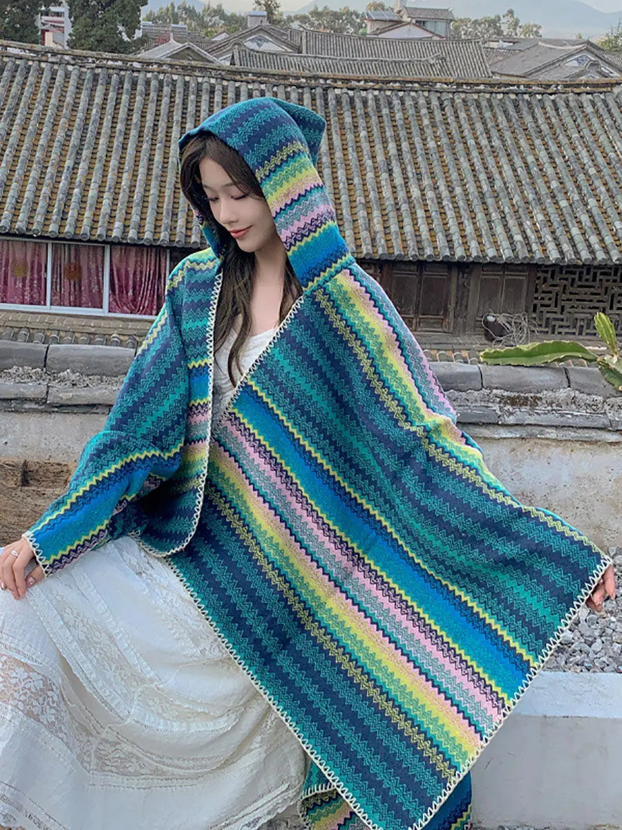 Women Ethnic Colorful Stripe Hooded Shawl Ada Fashion