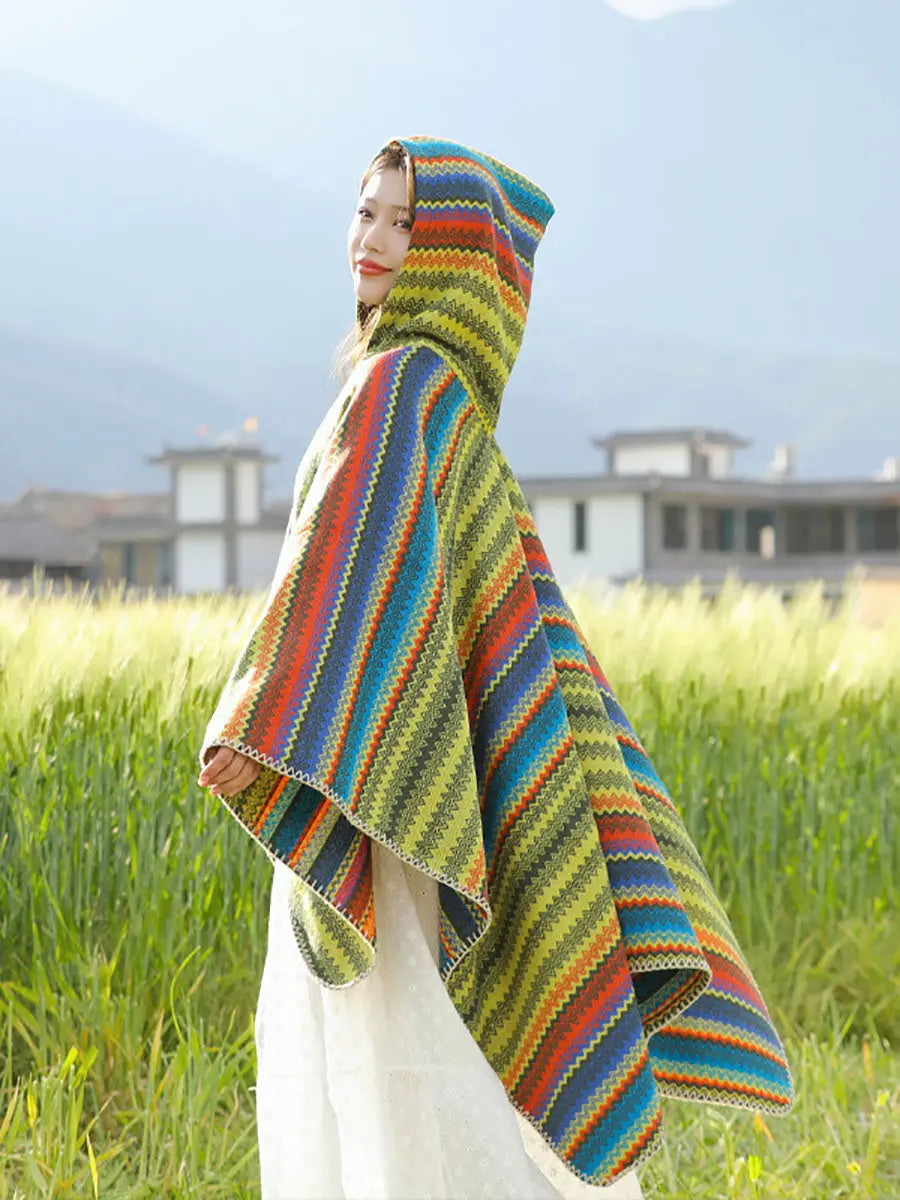 Women Ethnic Colorful Stripe Hooded Shawl Ada Fashion