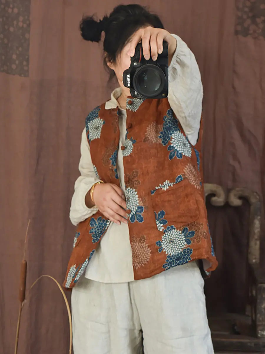 Women Ethnic Floral Padded Vest Coat Ada Fashion
