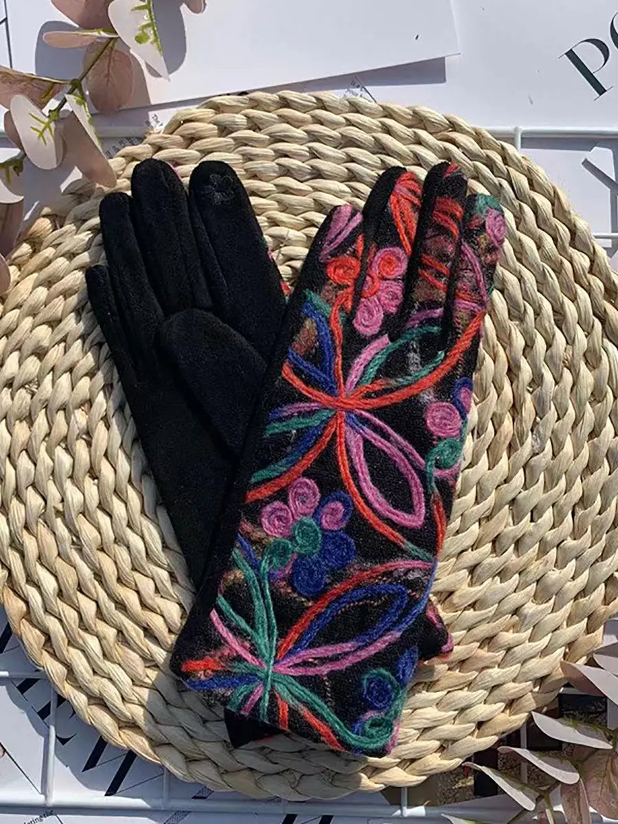 Women Ethnic Flower Embroidery Warm Cycling Gloves Ada Fashion