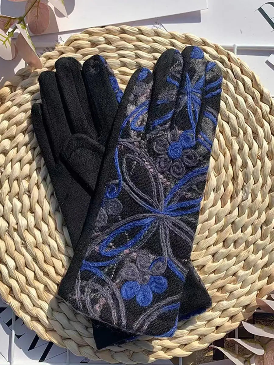 Women Ethnic Flower Embroidery Warm Cycling Gloves Ada Fashion