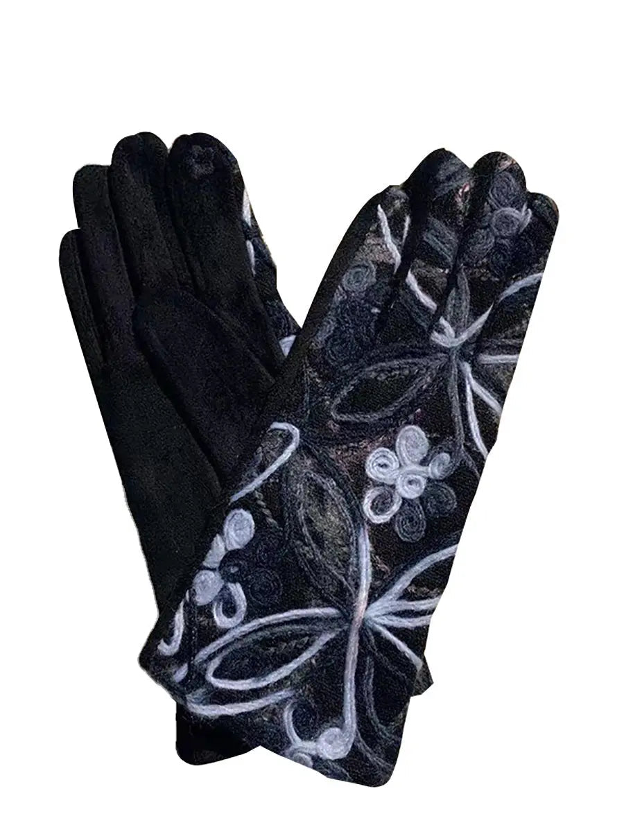 Women Ethnic Flower Embroidery Warm Cycling Gloves Ada Fashion