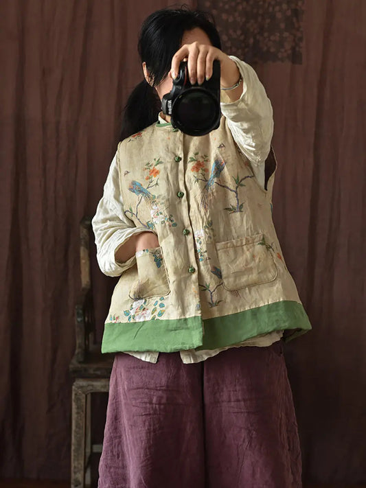Women Ethnic Flower Print Spliced Warm Vest Coat Ada Fashion