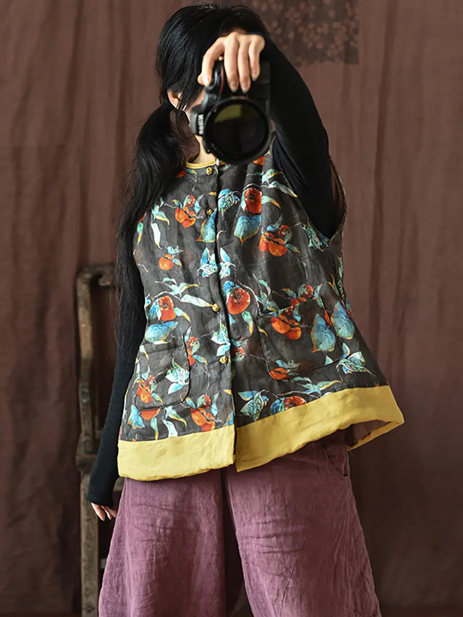 Women Ethnic Flower Print Spliced Warm Vest Coat Ada Fashion