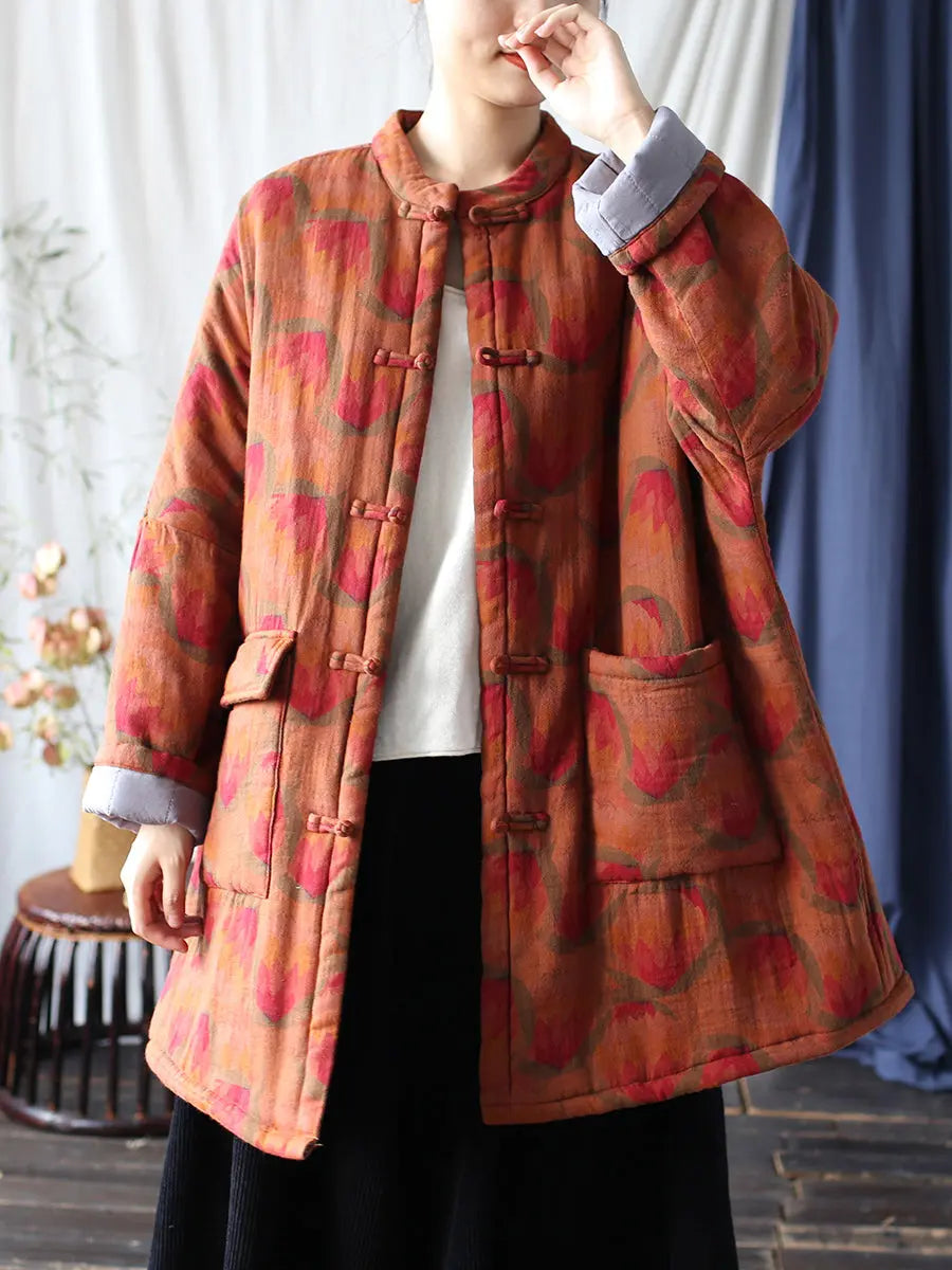 Women Ethnic Flower Print Winter Padded Cotton Coat Ada Fashion