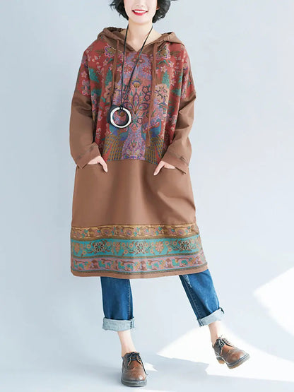 Women Ethnic Flower Spliced Long Pocket Hooded Dress Ada Fashion