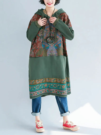 Women Ethnic Flower Spliced Long Pocket Hooded Dress Ada Fashion