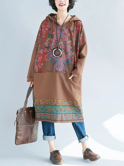 Women Ethnic Flower Spliced Long Pocket Hooded Dress Ada Fashion