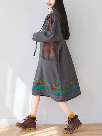 Women Ethnic Flower Spliced Long Pocket Hooded Dress Ada Fashion