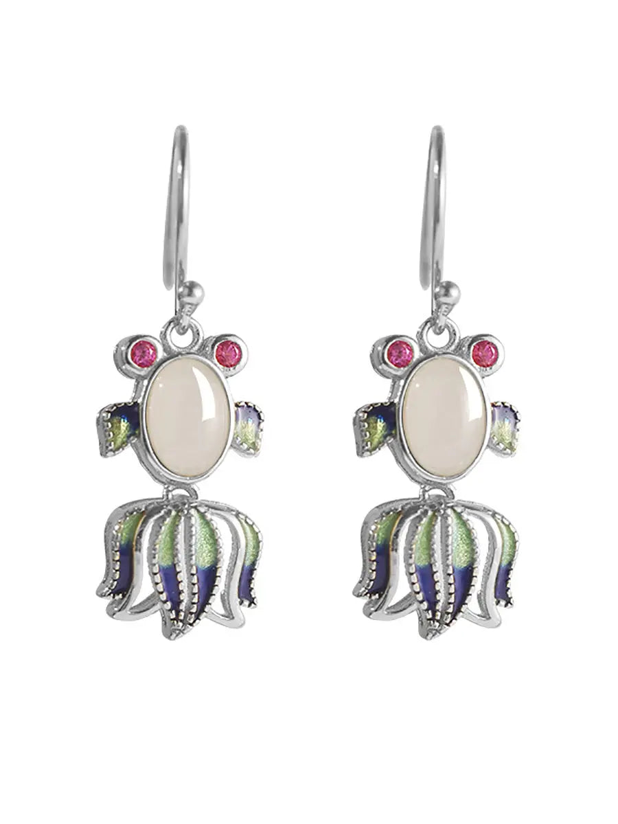 Women Ethnic Jade Enamel Sliver Fish Earrings Ada Fashion